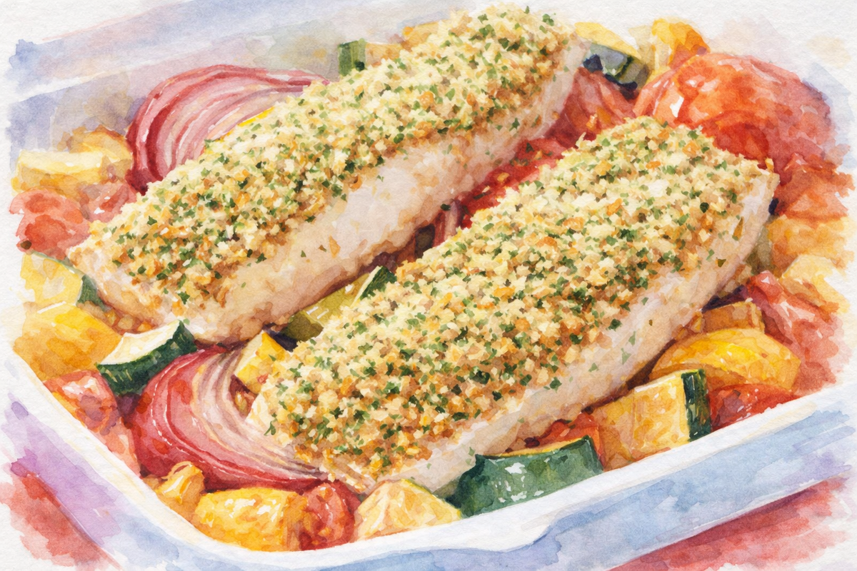 Roasted Halibut with a Mustard Crumb Crust on a bed of Zucchini and Red Onions