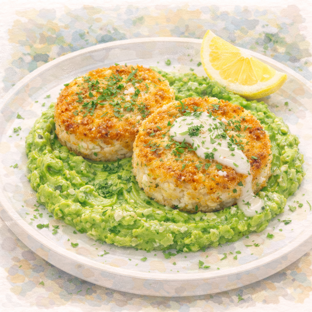 Cod & Potato Cakes with Creamy Pea Purée & Lemon