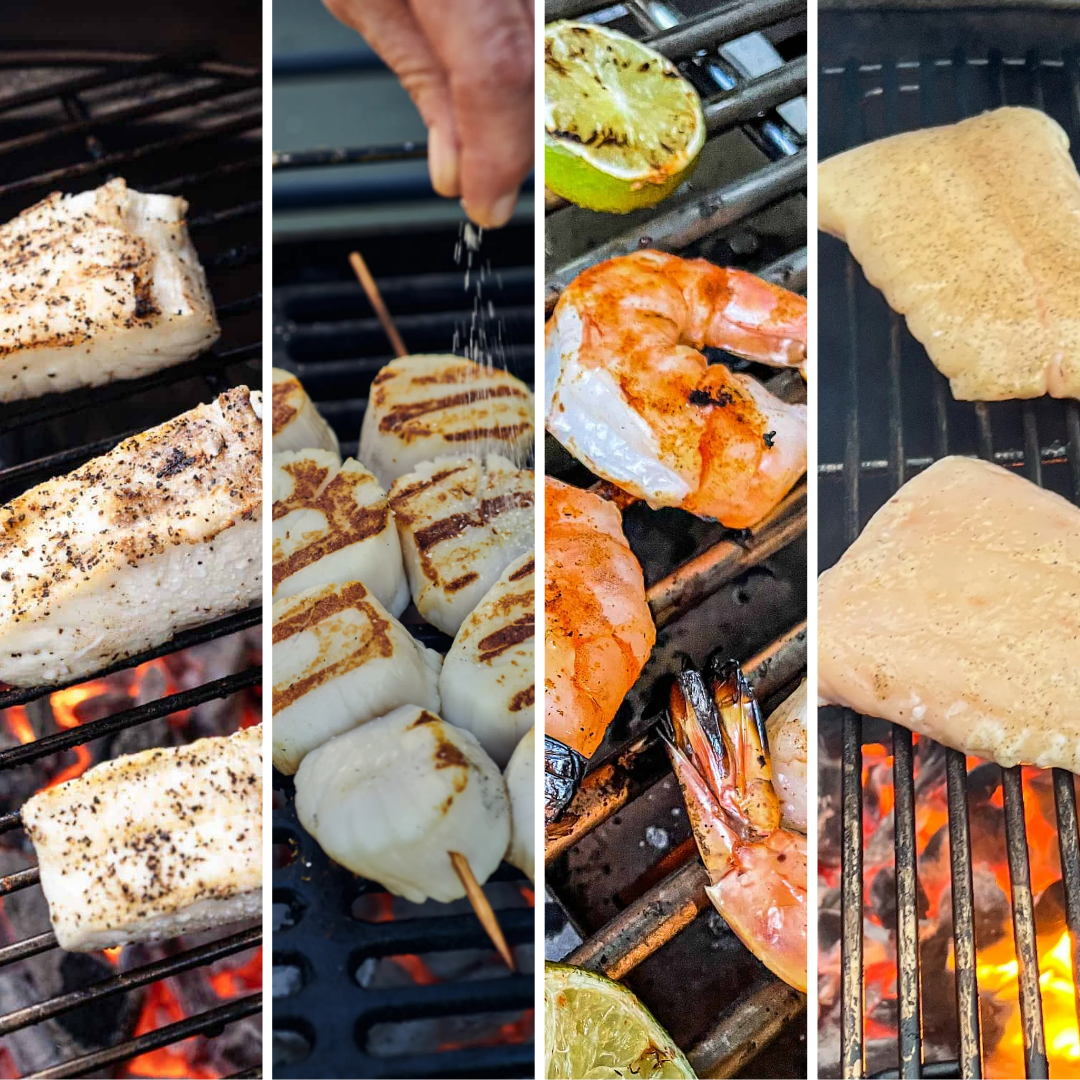 Collage of various foods being grilled on a barbecue.