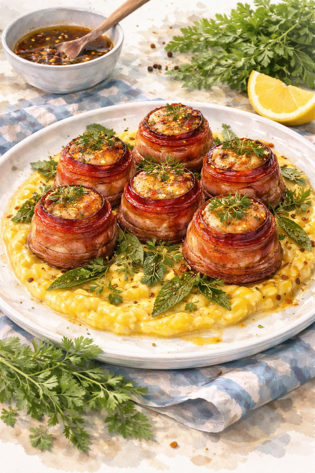 Bacon-Wrapped Scallops with Sweet Corn Purée