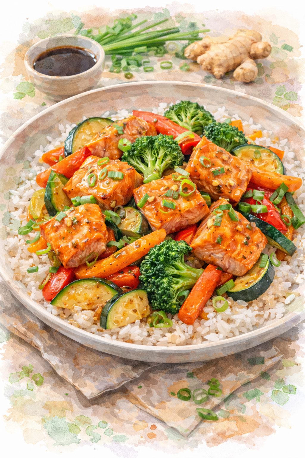 Salmon & Veggie Stir-Fry with Ginger Soy Sauce