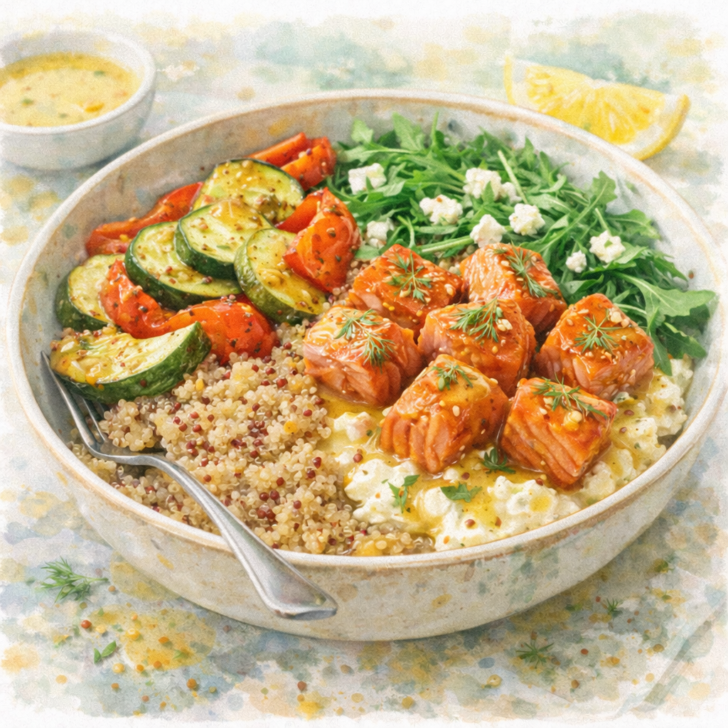 Maple Smoked Salmon Grain Bowl with Warm Dijon Dressing