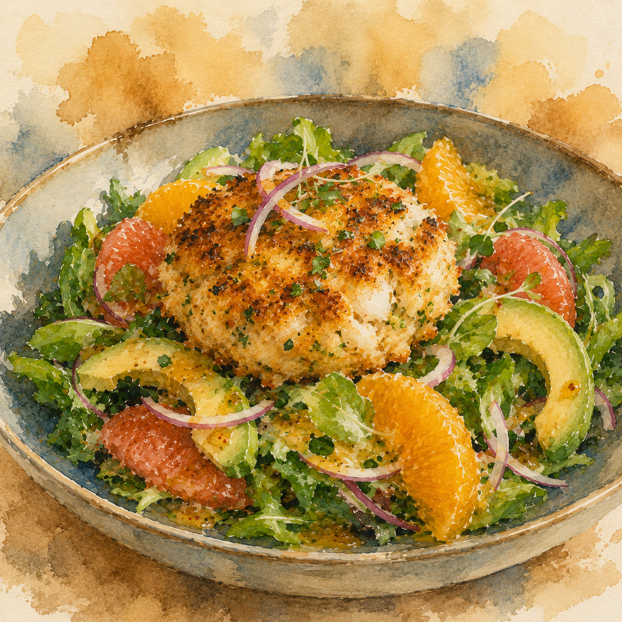 Crab Cakes over Avocado & Citrus Salad