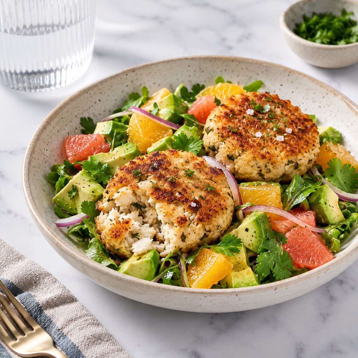 Crab Cakes over Avocado & Citrus Salad