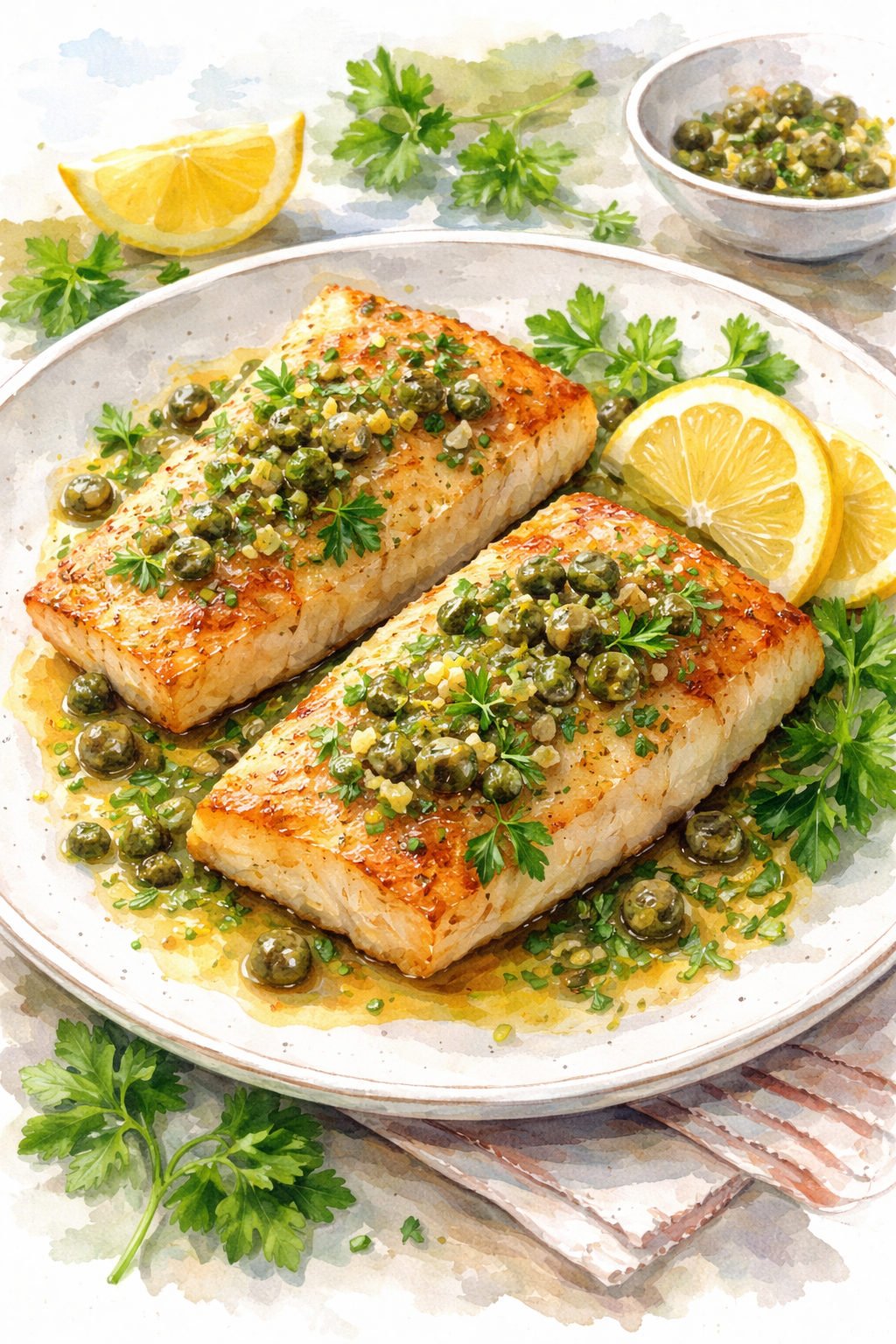 Pan-Seared Halibut with Lemon Caper Sauce