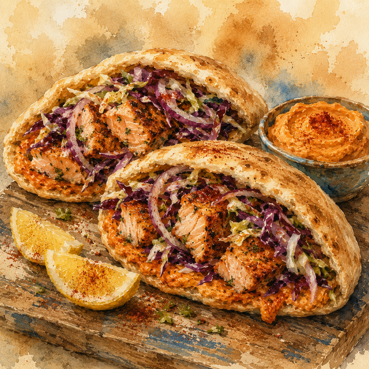 Salmon Burger Pita Wraps with Roasted Red Pepper Hummus