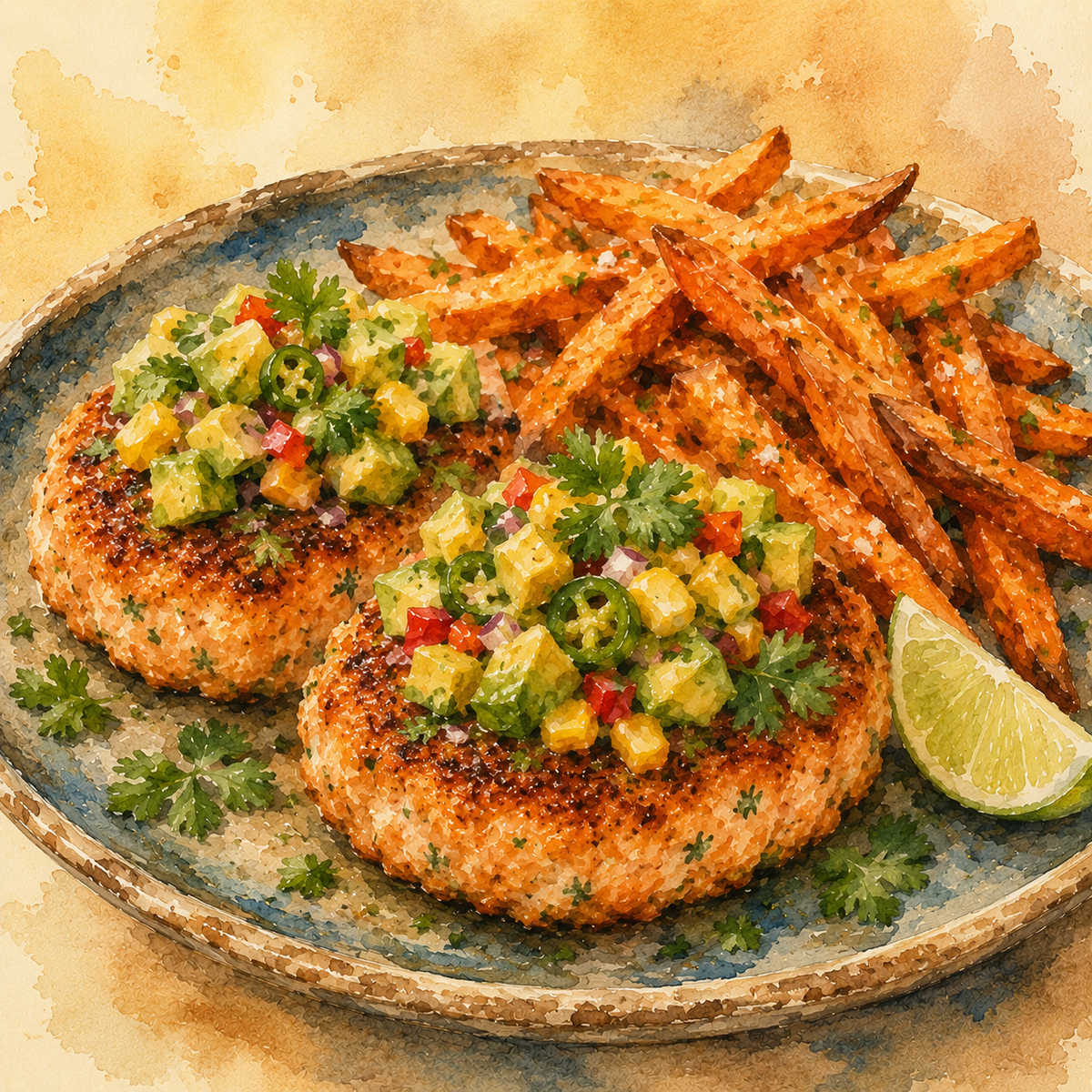 Salmon Burgers with Avocado Salsa & Sweet Potato Fries