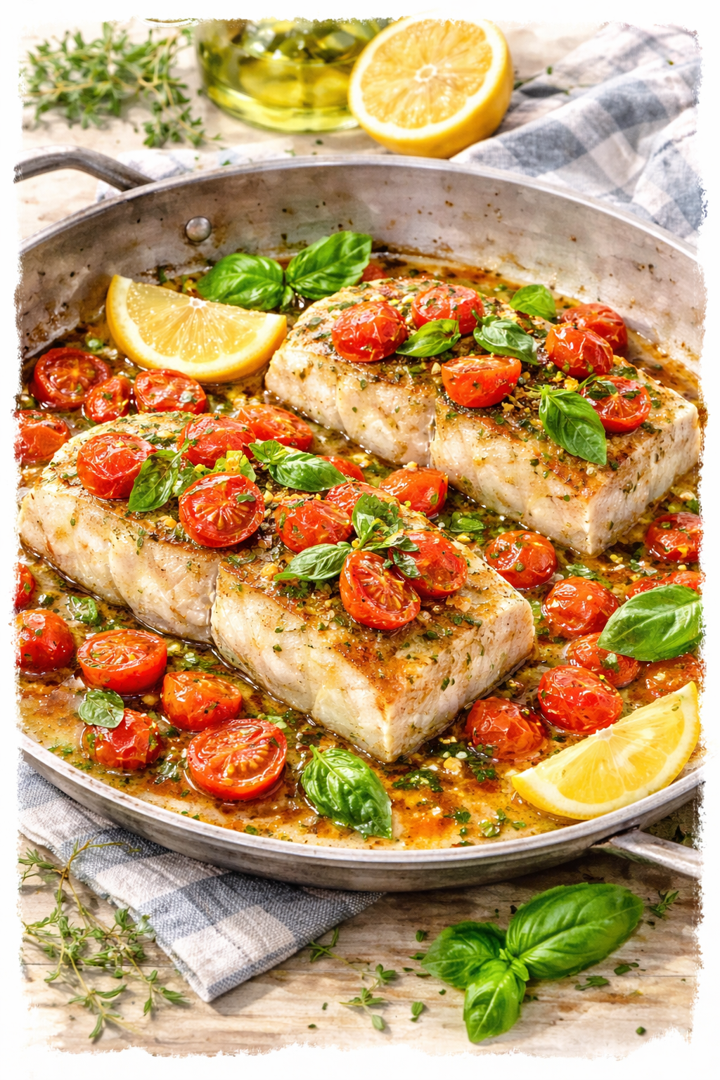 Pan-Seared Halibut with Cherry Tomatoes Basil Sauce