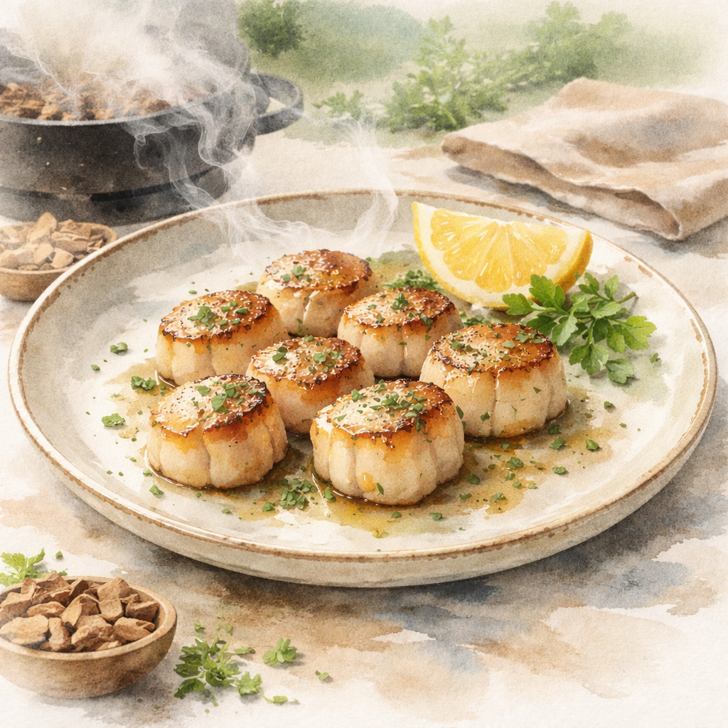 Close-up of seared scallops garnished with microgreens on a plate.