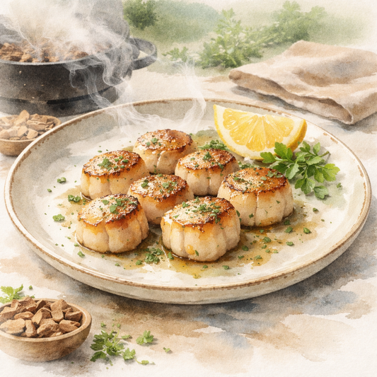 Close-up of seared scallops garnished with microgreens on a plate.