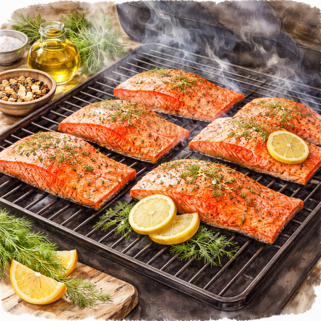 Six seasoned sockeye salmon fillets smoking on a hot grill grate, garnished with fresh dill and lemon slices.