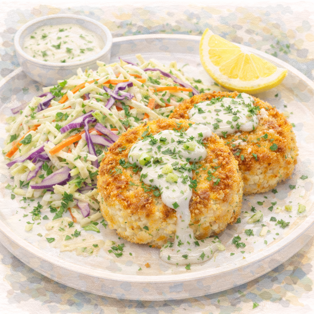 Cod & Potato Cakes with Creamy Coleslaw & Tartar Drizzle